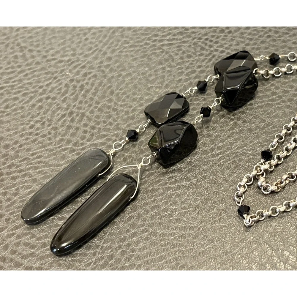 Vintage Black Onyx Glass Beads Sterling Silver Chain 